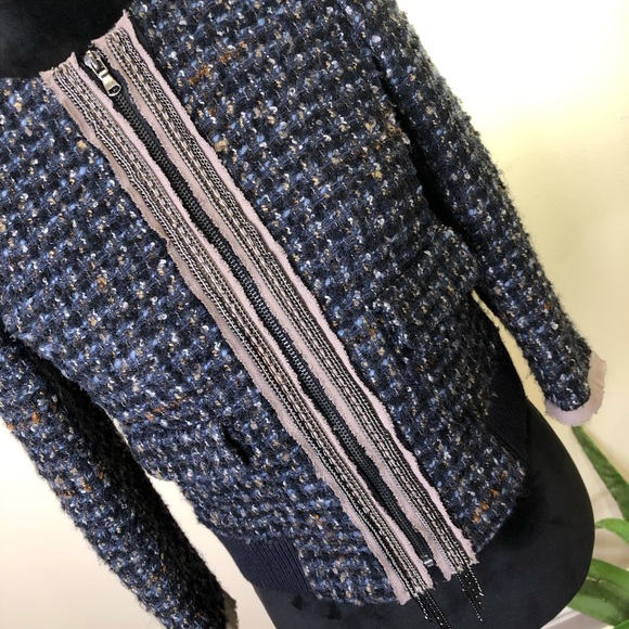 Ann Taylor LOFT Navy Tweed Wool Bomber Jacket Blazer Silver Chain Detail XSP - Picture 4 of 9